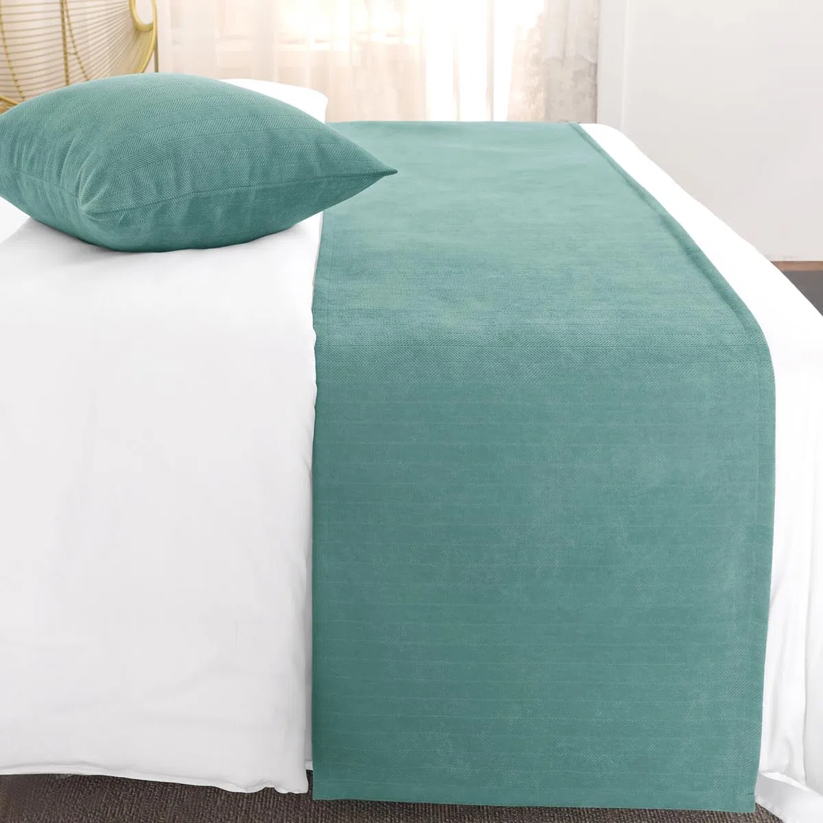 AMBERIS Camino de Cama Azul-Verde Chenier de una Sola Planta, Moderna Bufanda de Cama Decorada en Hotel Familiar (Las Fundas de cojín se Venden por Separado)