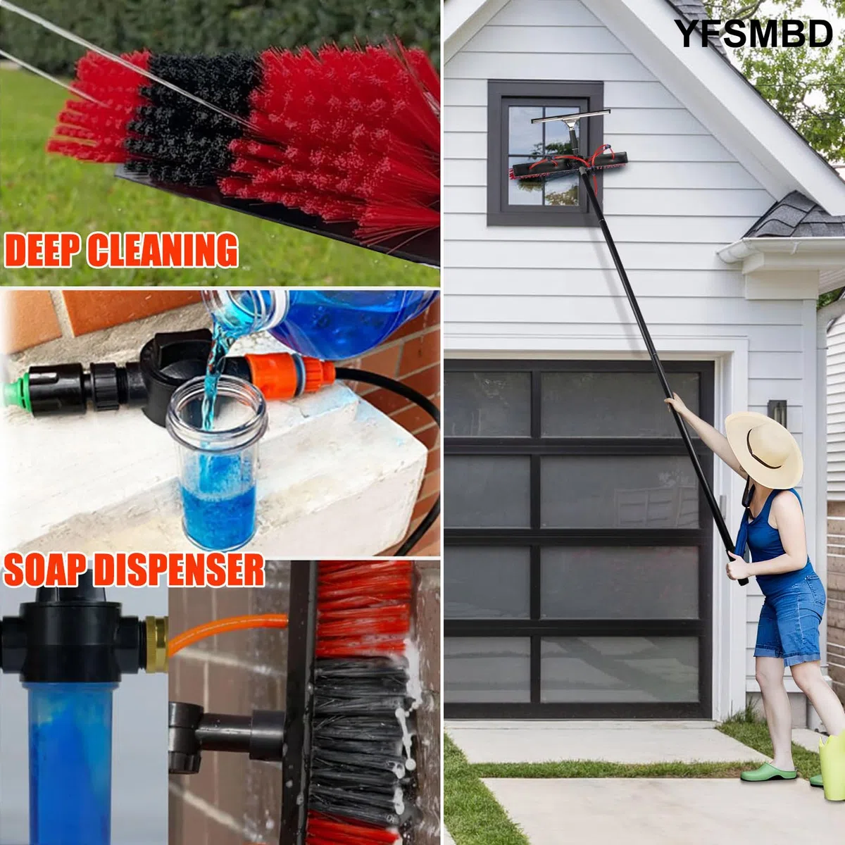 Genérico Cepillo Telescópico Limpieza 3-20m, Pértiga de Limpieza con Conexión de Agua, Dosificador de Jabón y Limpiacristales para Placas Solares, Tejados y Terrazas (55cm Brush,5m)