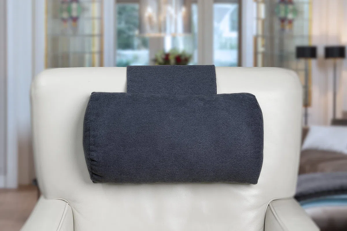 Almohada Confort Cervical para Sillones Reclinables y Sillas, 40cm de Ancho - Almohada Ajustable con Soporte Ergonómico y Contrapeso - Funda Lavable, Transpirable y Suave - Azul/Gris
