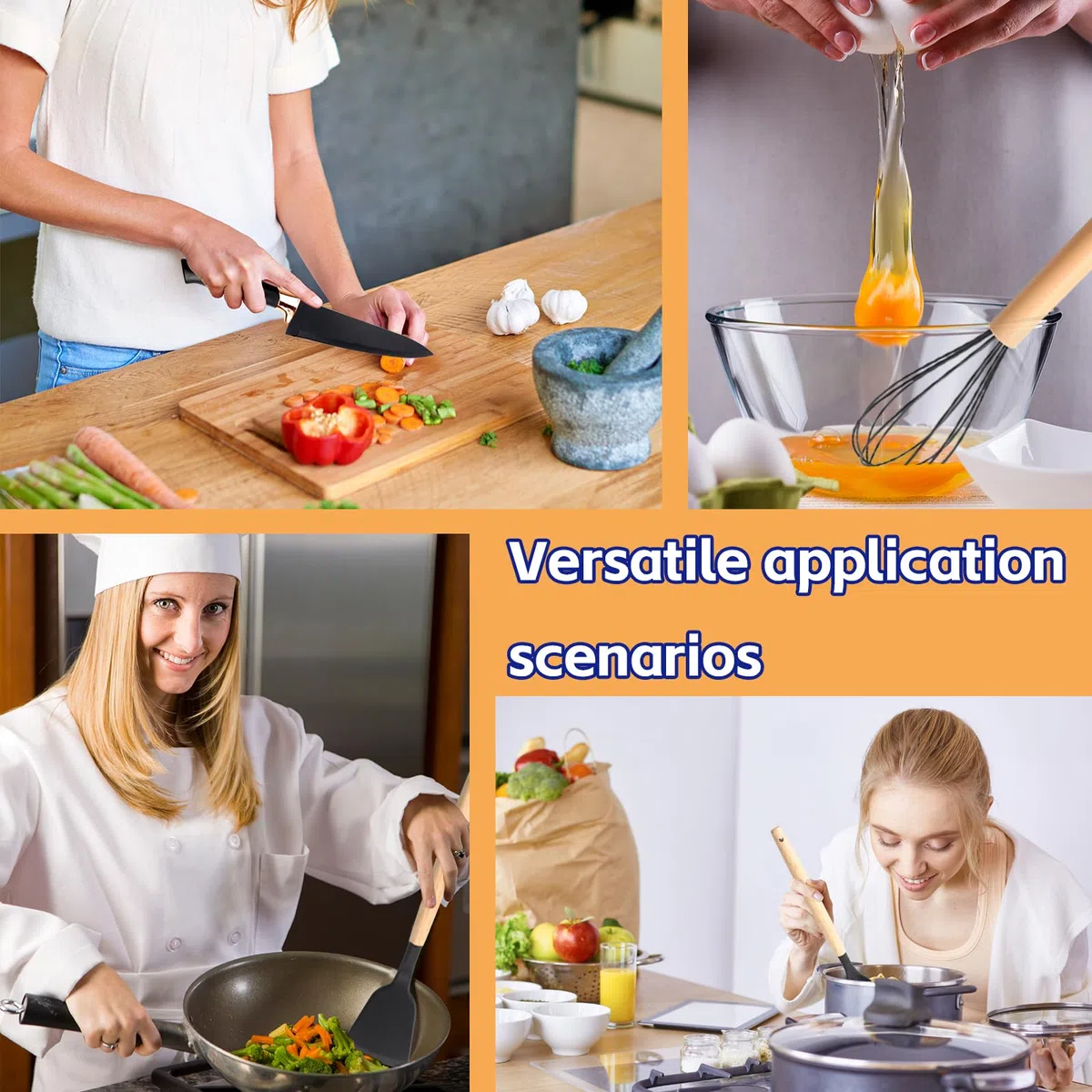 Juego de utensilios de cocina de 19 piezas con cuchillos tabla de cortar y caja de almacenamiento en forma de diamante – utensilios de silicona resistentes al calor negro