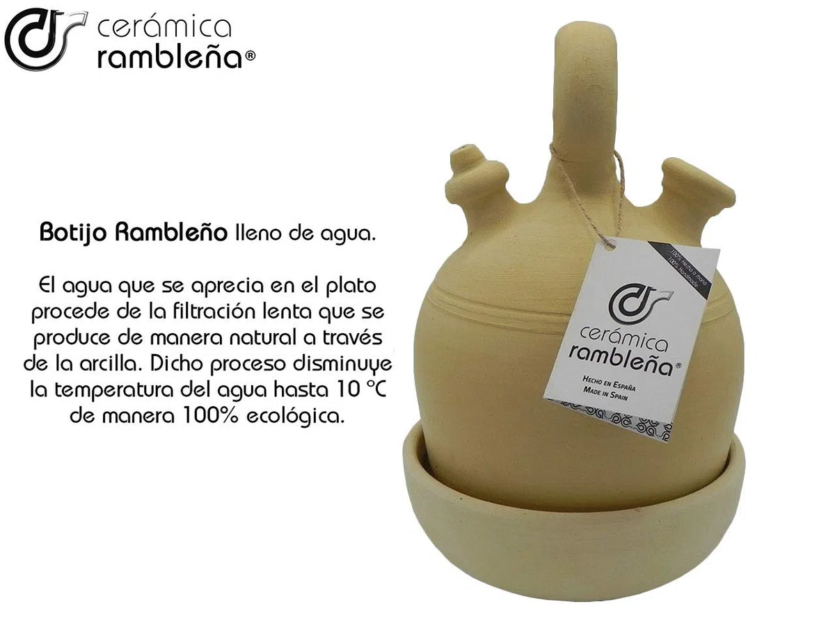 CERÁMICA RAMBLEÑA | Botijo de Barro Tradicional asa Redonda Base Ancha de La Rambla (Córdoba) | 100% Hecho a Mano | 3 litros | Eco | Plato NO Incluido