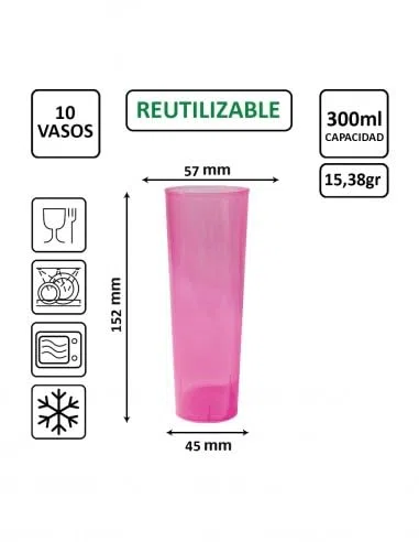 500 Unidades - Vaso Tubo PLÁSTICO (PP) 300ml. IRROMPIBLE Rosa - EMBOLSADO 10UDS - Precio Unidad 0,098€
