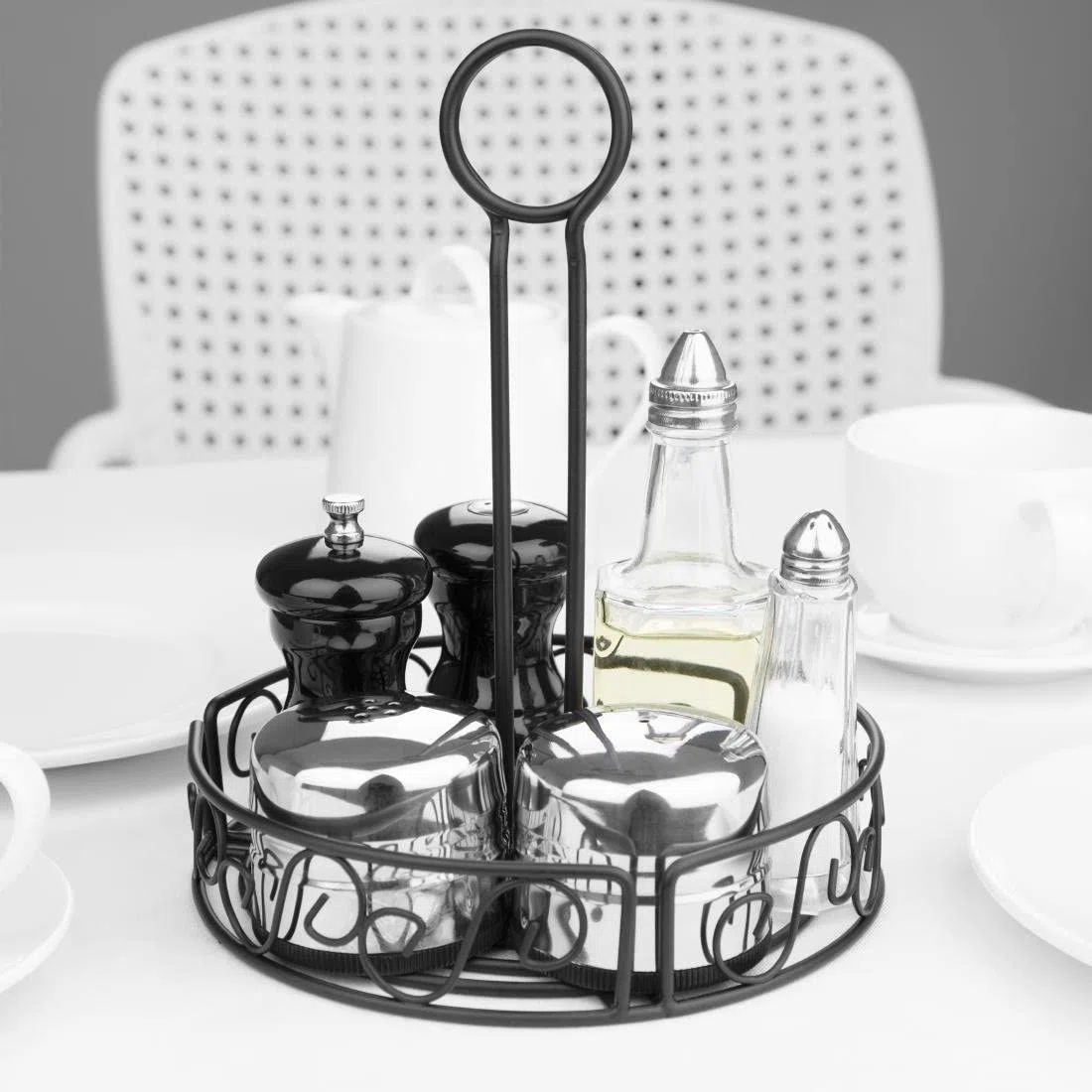 Soporte para condimentos Olympia. Soporte de alambres negros de 235 mm x 195 mm