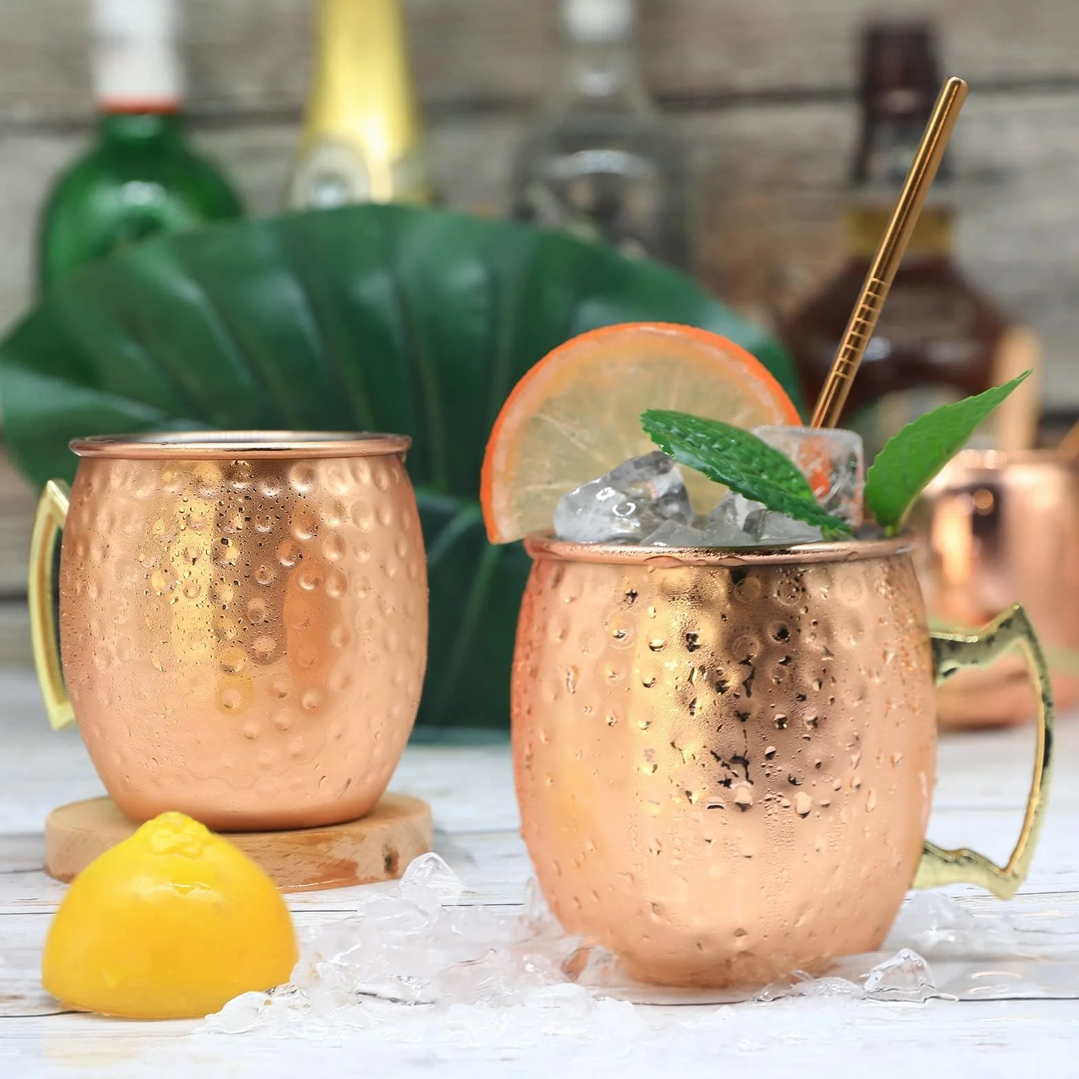 Moscow Mule Copas de cobre - Juego de 2 tazas de acero inoxidable de 540 ml, tazas martilladas seguras para alimentos, perfectas para cócteles, vaso de agua, bebida fría