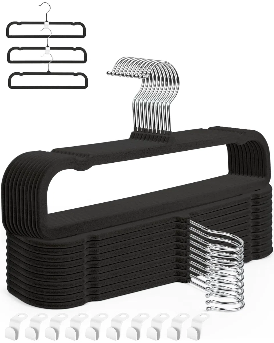Perchas de terciopelo para pantalones con barra antideslizante, paquete de 20 perchas de fieltro para armario, perchas delgadas y elegantes que ahorran espacio, gancho giratorio de 360°, perchas para