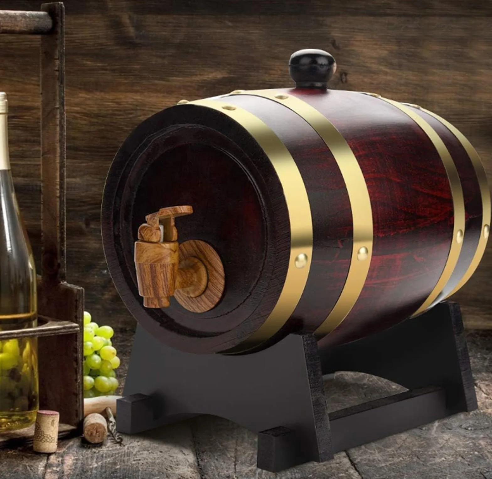 Barril de Vino de Madera Vintage de 5l/10l/15l/20l/30l/50l, Barriles con Soporte, Revestimiento de Papel de Aluminio, Ideal para Cueva de Hombre, Pub(F,10L)