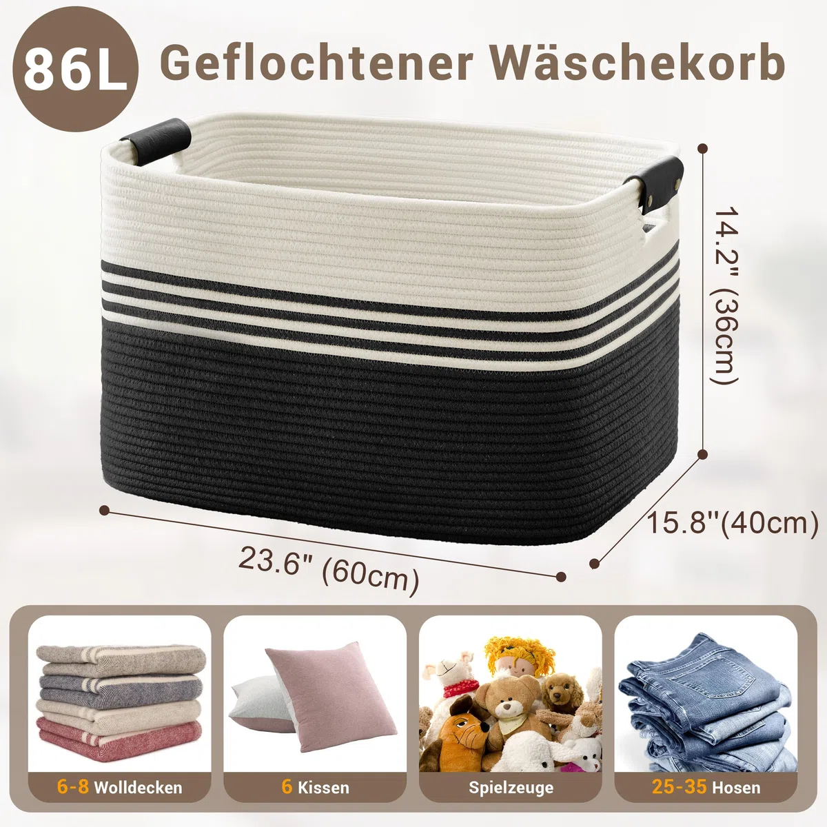Cesto grande para ropa trenzado en cuerda de algodón, 86L, recipiente con asas de cuero, para mantas, ropa, juguetes, de lavandería para habitación infantil o salón, 60x40x36 cm, blanco y negro