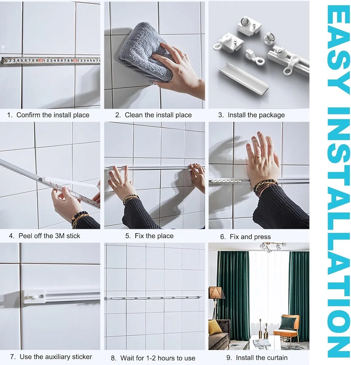 Riel de cortina autoadhesivo sin taladrar para techo o pared (12 x 16 pulgadas/16 pies) – Barra de cortina de techo flexible, barra de cortina adhesiva para ventanas, rieles de cortina fáciles