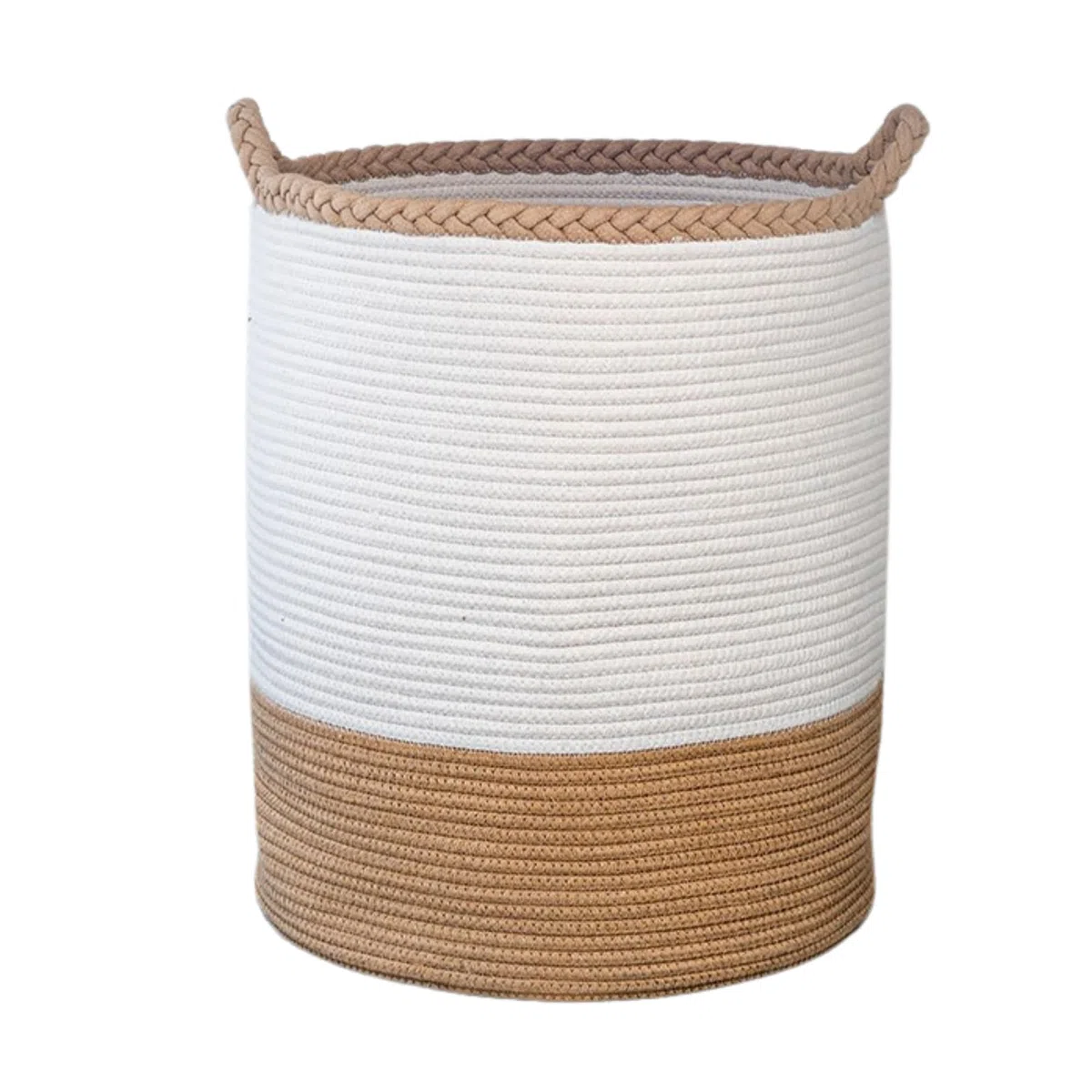 Cesto Ropa Sucia Grande (57L) de Cuerda de Algodón - Cesta Bebé Infantil para Juguetes y Almacenaje - Canasta Trenzada Estilo Nórdico para Habitación, Armario y Baño, 38x50 cm (Blanco y Camel).