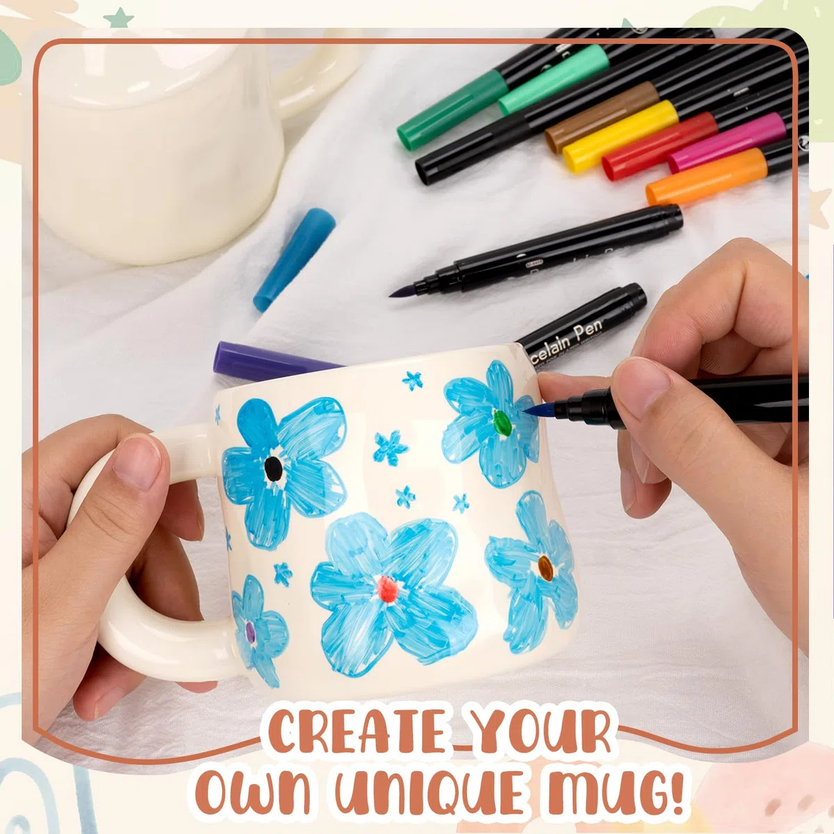 KKSJK Pintar Cerámica Kit Taza, Tapa, Asa y Cuchara, Taza Blanca y Rotuladores de Porcelana, Kit de Bricolaje Ocio Creativo para Adultos, Aptos para Lavavajillas