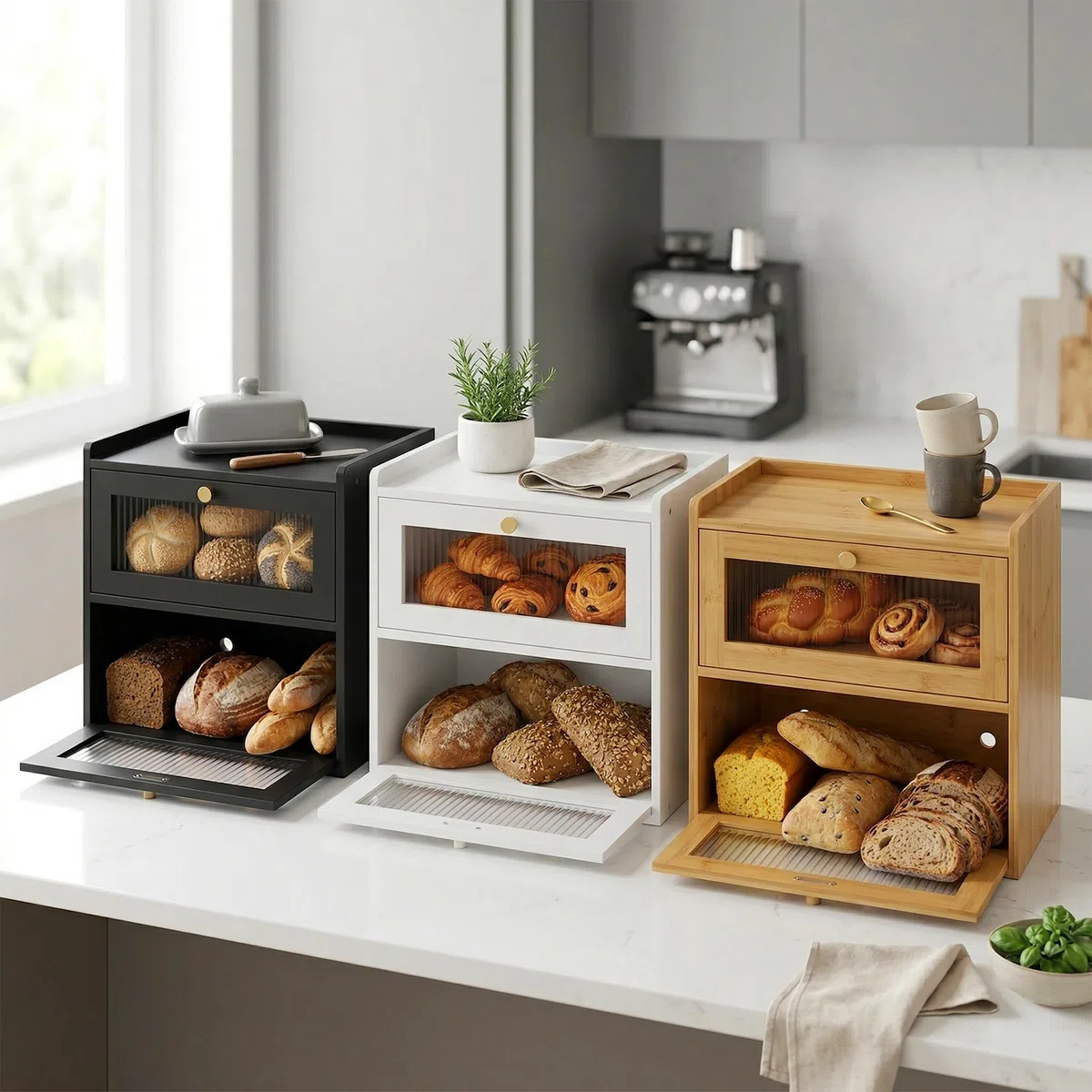 Relaxdays Panera de bambú, 2 estantes, con Ventana, Puertas abatibles, Altura 34 x 36,5 x 24 cm, Color Natural