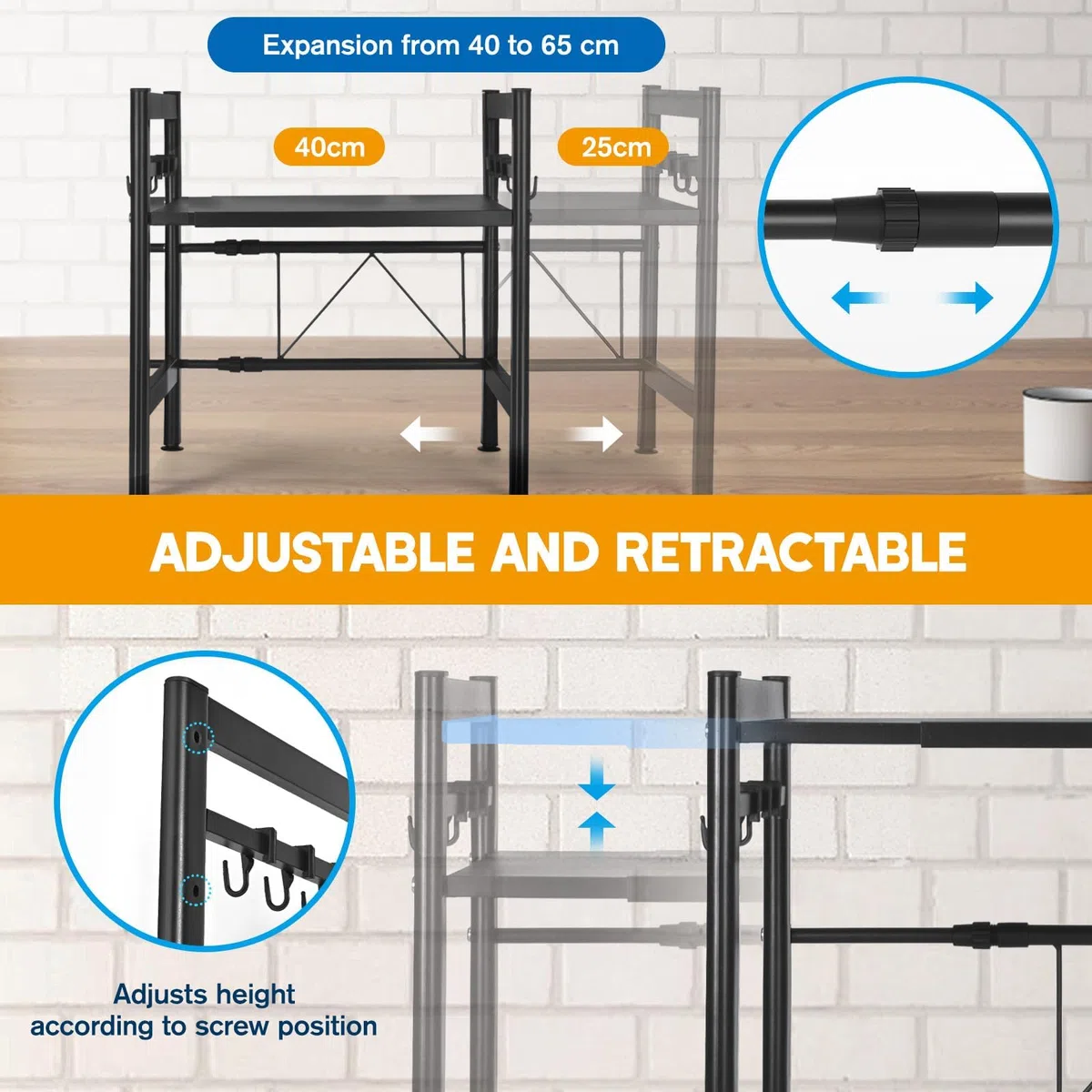 Estantería Extensible para microondas, estantería de Cocina, de pie, para microondas, de pie, Organizador de Cocina, con 6 Ganchos, para encimeras de Cocina