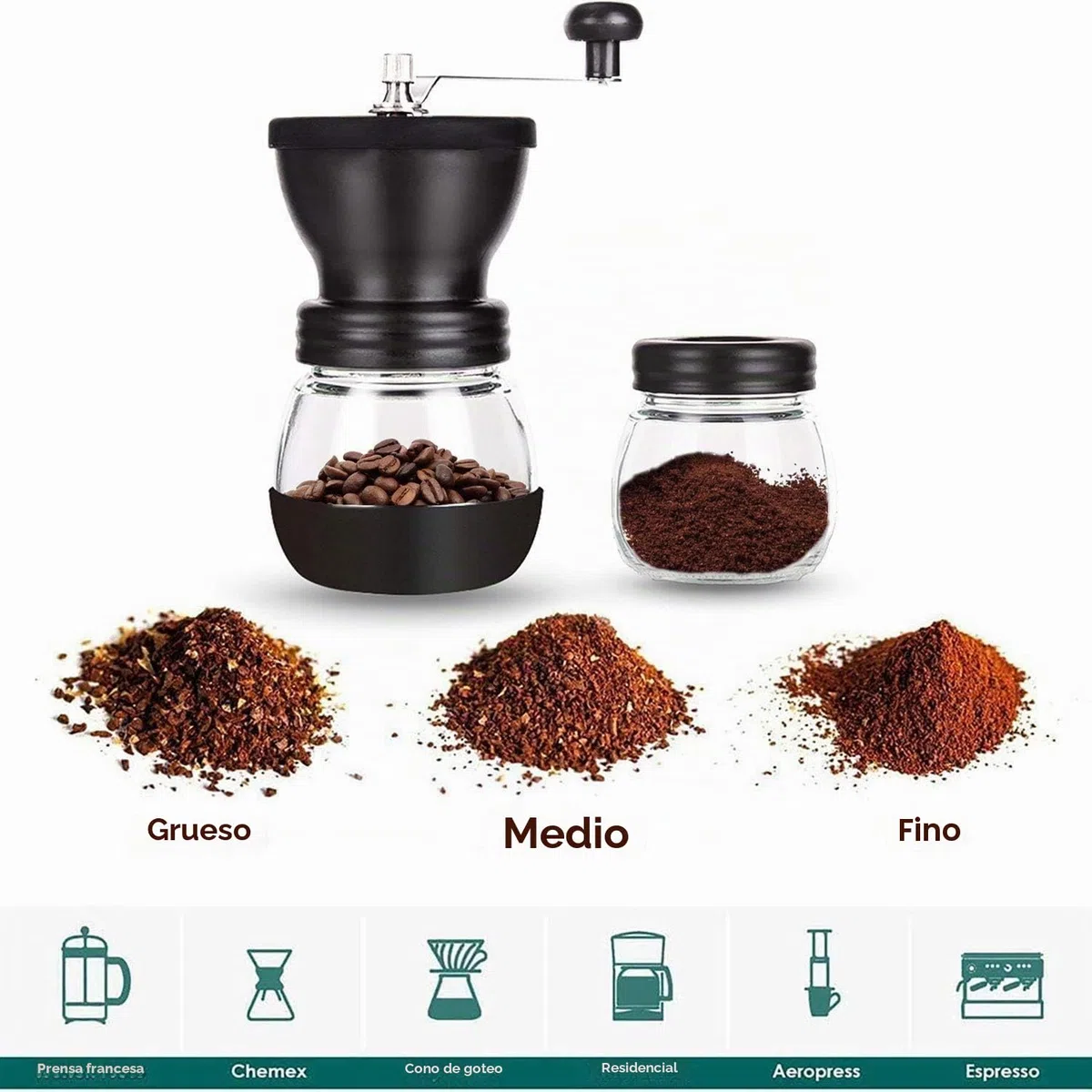 PARACITY Molinillo Cafe Manual con 2 Tarros de Cristal (325 ml cada uno),Molinillo Café con Núcleo de Molienda de Cerámica, Mmolinillo Café Manual/Portátil con Cepillo/Cuchara Para
