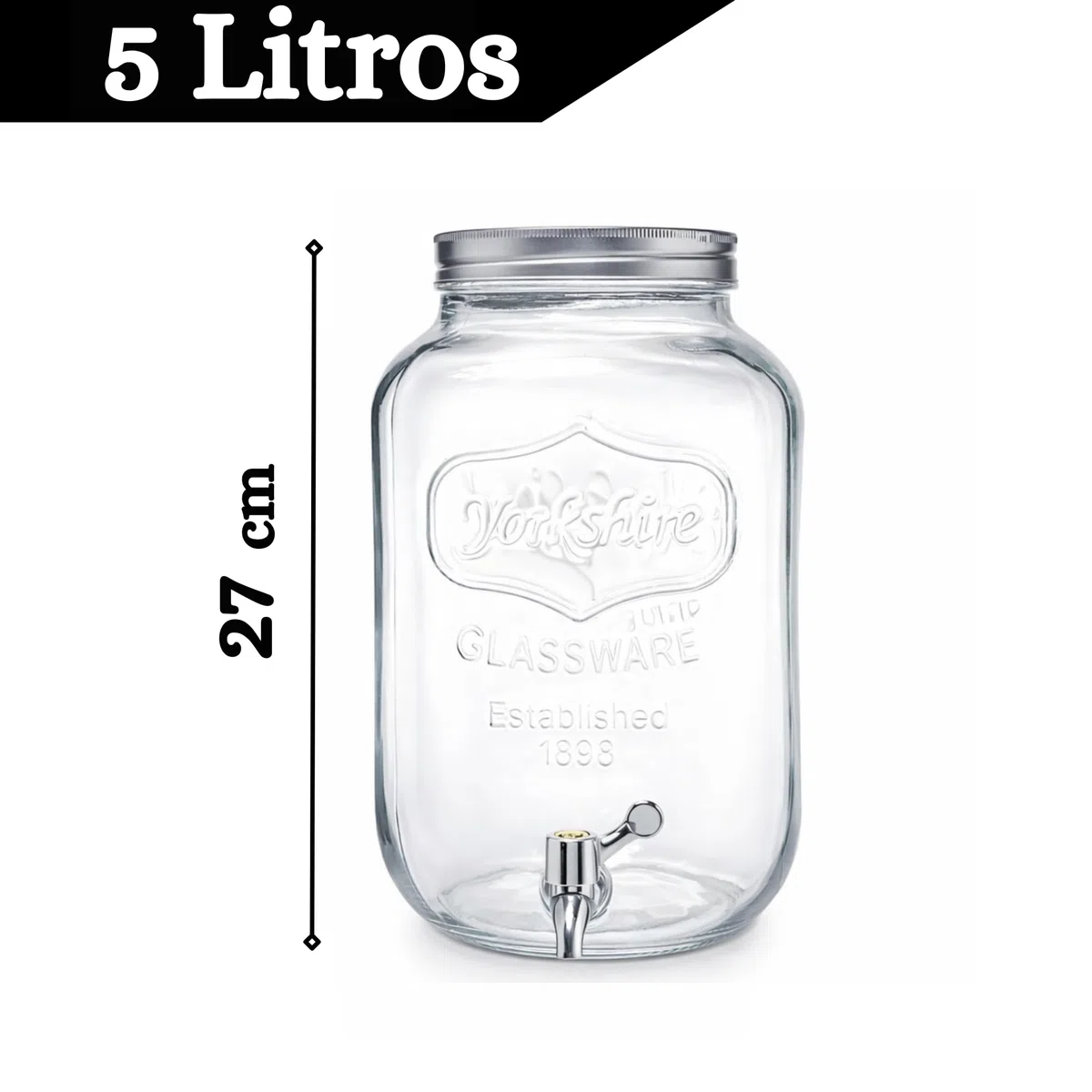 Dispensador de Bebidas de Cristal con Grifo Antigoteo, Tapa Metálica, Estilo Vintage Retro para Fiestas, Eventos, Limonada, Sangría, Agua (5 Litros (27 cm)) Bote con Grifo