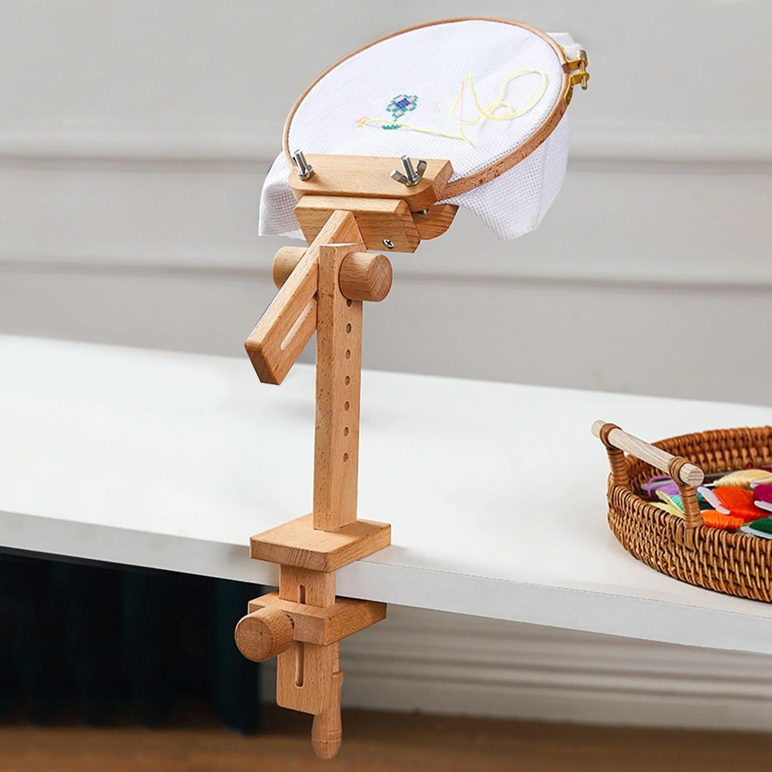 BATHVEVE 360grado Grados Giratorio Soporte de Madera para Punto Cruz Ajustable con Ganchos para Bordado DIY para Estudio y Hogar