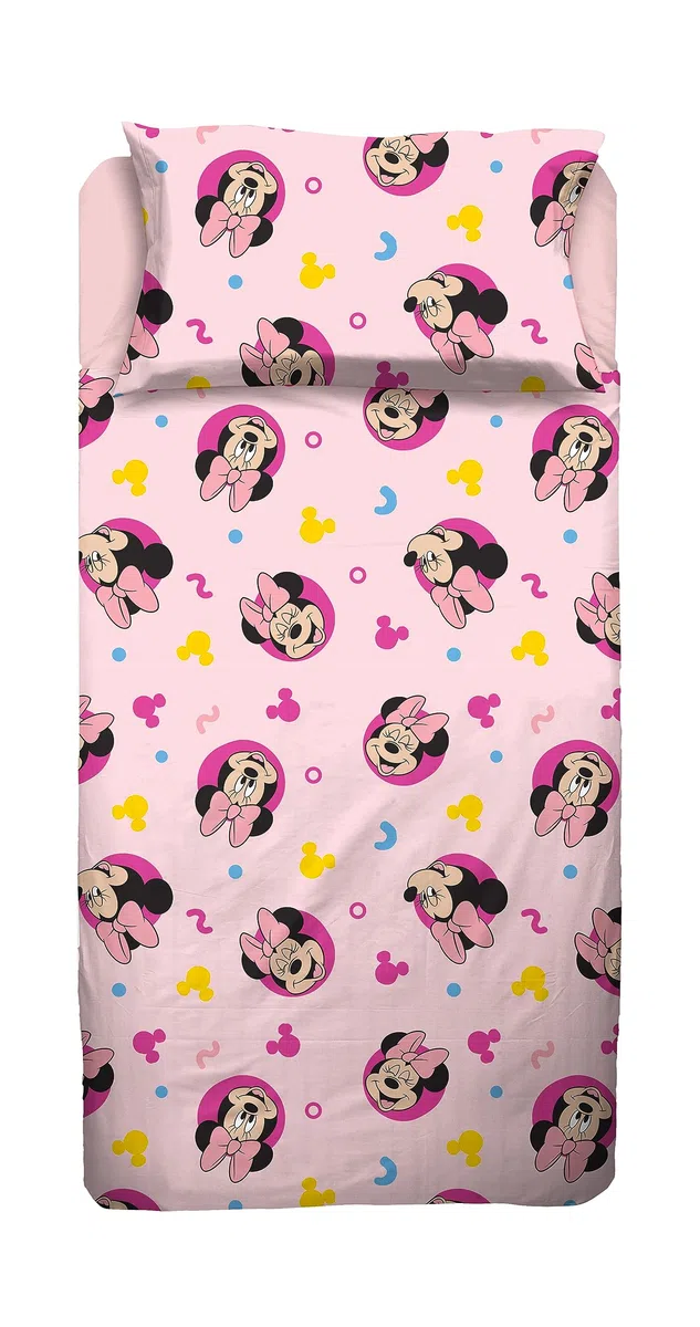 Minnie - Juego de sábanas Completo para Cama de Plaza y Media, sábana encimera, sábana Bajera Ajustable, Funda de Almohada, Color Rosa, Disney, 100% algodón, Producto Oficial