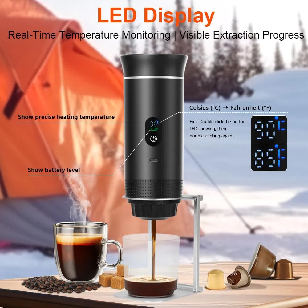 SAUSI Cafetera Portatil 3 en 1 - Batería USB Recargable, Capacidad 80 ml, Compatible con Cápsulas Espresso y Café Molido, Ideal para Coche, Oficina, Viajes y Camping