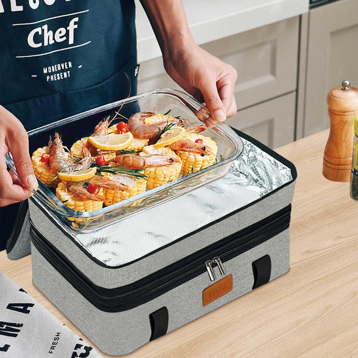 LHZK Cacerola aislada de doble piso para alimentos calientes o fríos, transportador de alimentos calientes expandible, picnic, playa, se adapta a bandeja para hornear de 11 x 15 o 9 x 13 pulgadas