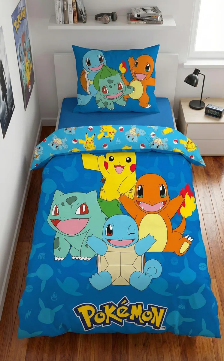 Juego de ropa de cama Pokémon 135x200 + 80x80 · Pikachu, Glumanda, Schiggy & Bisasam · 2 piezas funda nórdica + funda de almohada · Tamaño alemán