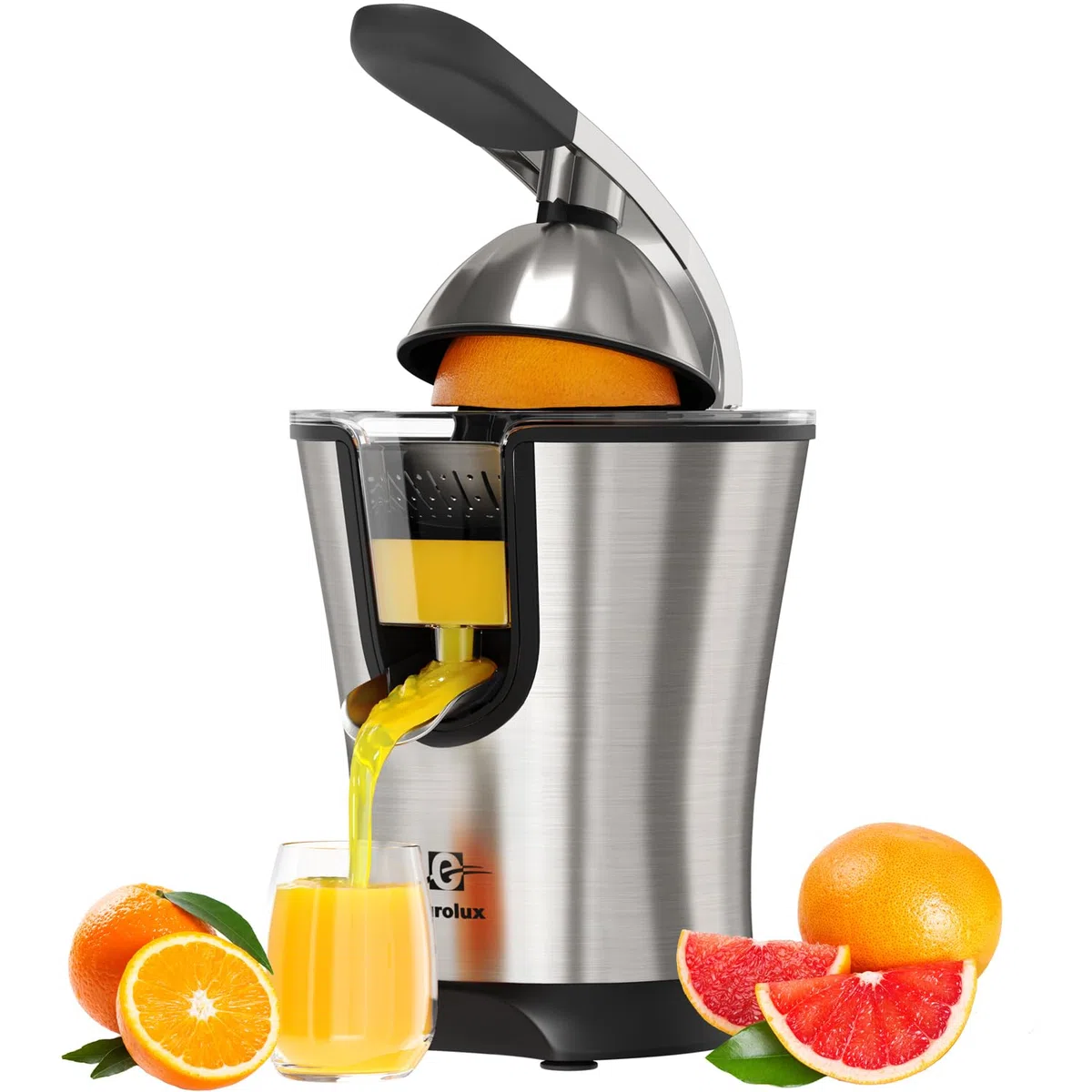 Eurolux Exprimidor eléctrico de naranja de alta calidad, exprimidor de cítricos de acero inoxidable con nuevo motor ultra potente y mango de agarre suave para exprimir sin esfuerzo, apagado automático