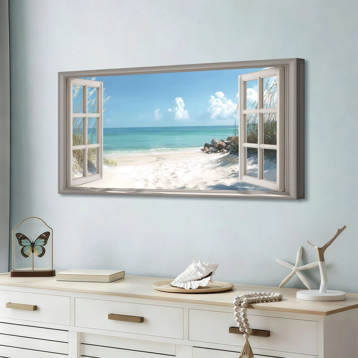 Playa Vista 3D Ventana Efecto Marco de Madera Cuadros Decoracion Salon Modernos Azul Costa Paisaje Pintura Lienzos Decor Natural Paisaje Cuadros Salón Pasillos Dormitorio Comedor Oficina 100x50cm