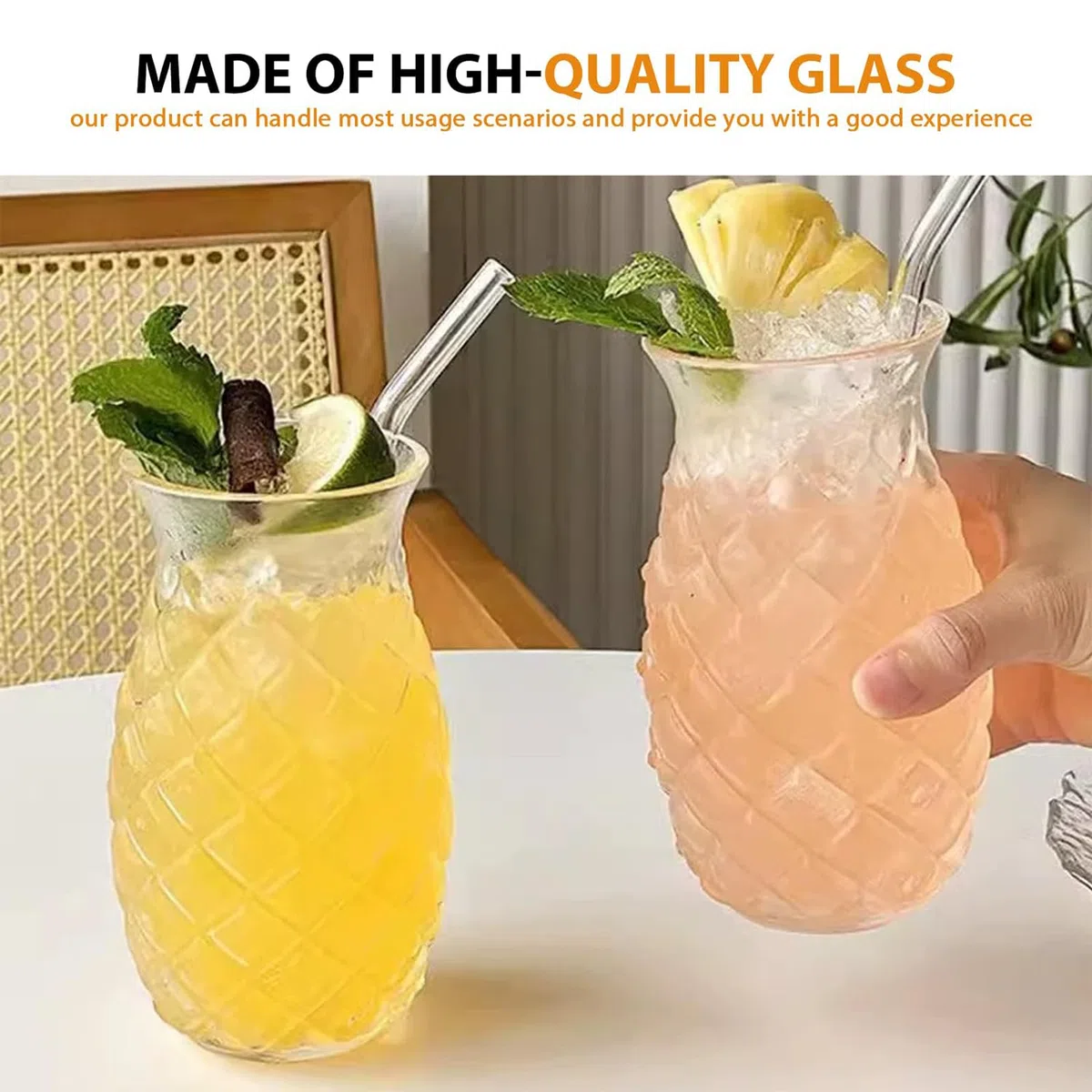 Juego de 4 de Vasos de Cóctel de 480 Ml, Vasos de Cóctel Transparentes con Relieve de Piña, Vasos de Piña, Copas de Pina, Copas de Piña Divertidas para Familia, Camping, Bar