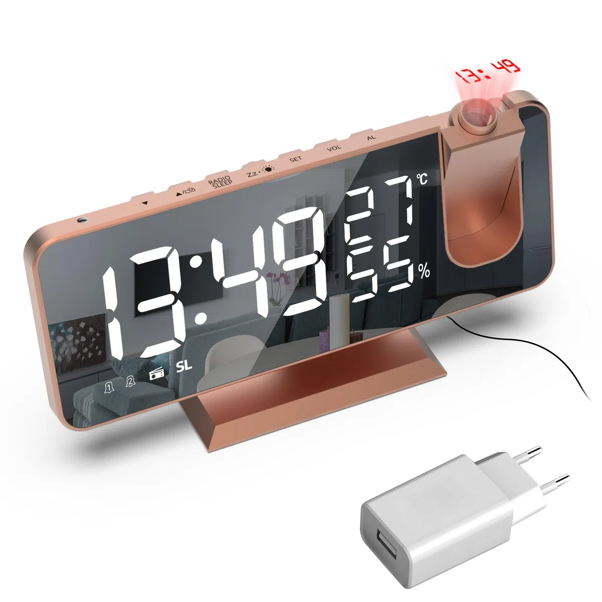 Reloj Despertador con Proyector Funciona con Red, para mesita de Noche Temperatura Indicador de Humedad Incluye Adaptador