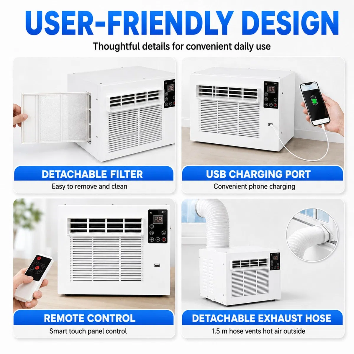Aire Acondicionado portátil de 38 dB de Ruido | sin unidad exterior, mini aire acondicionado compacto, ideal para camiones, cocinas, dormitorios y casas de alquiler