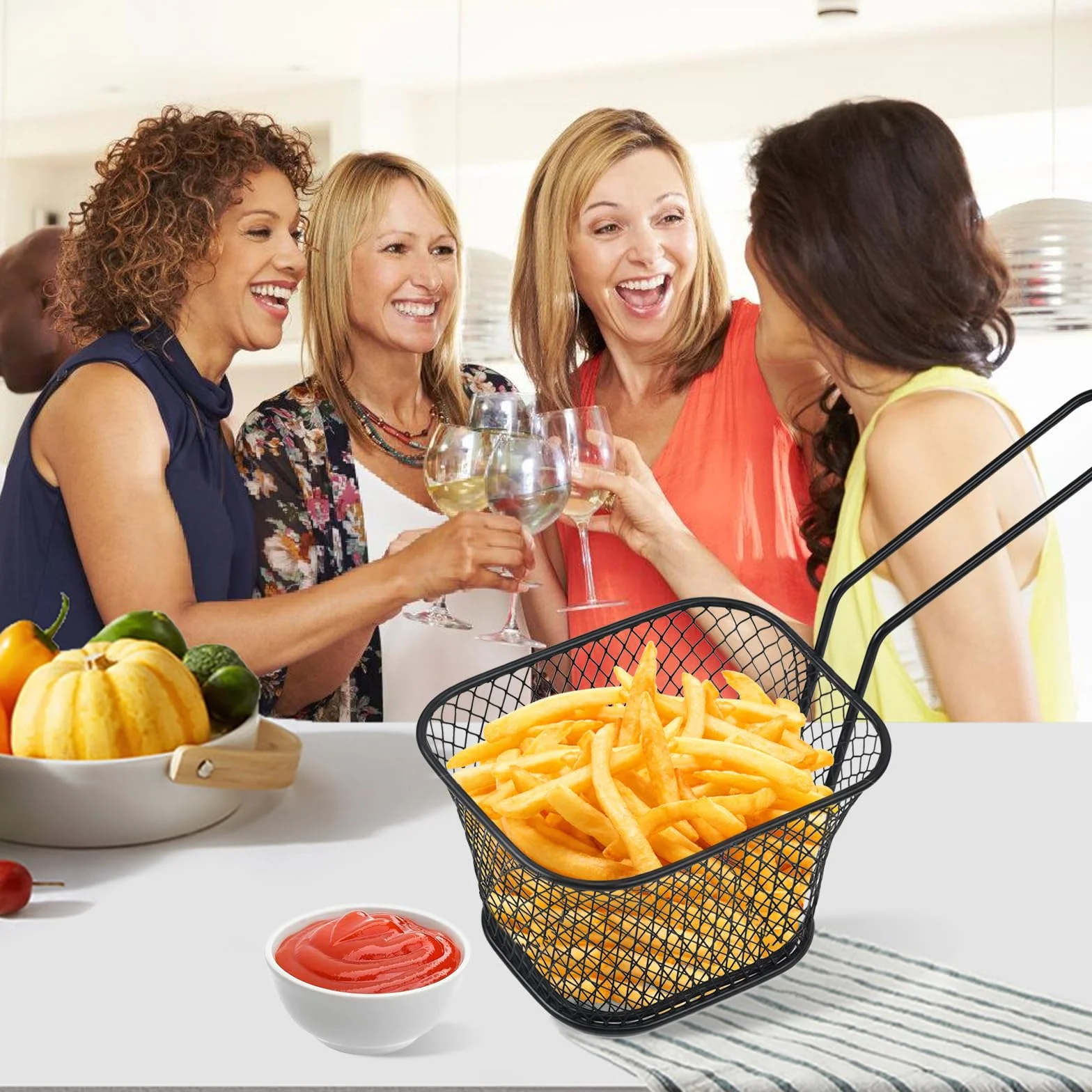 12 cestas para patatas fritas, cesta pequeña de acero inoxidable con asa, mini cestas para servir, cesta para patatas fritas, cesta para patatas fritas, cesta para freír patatas fritas (negro)