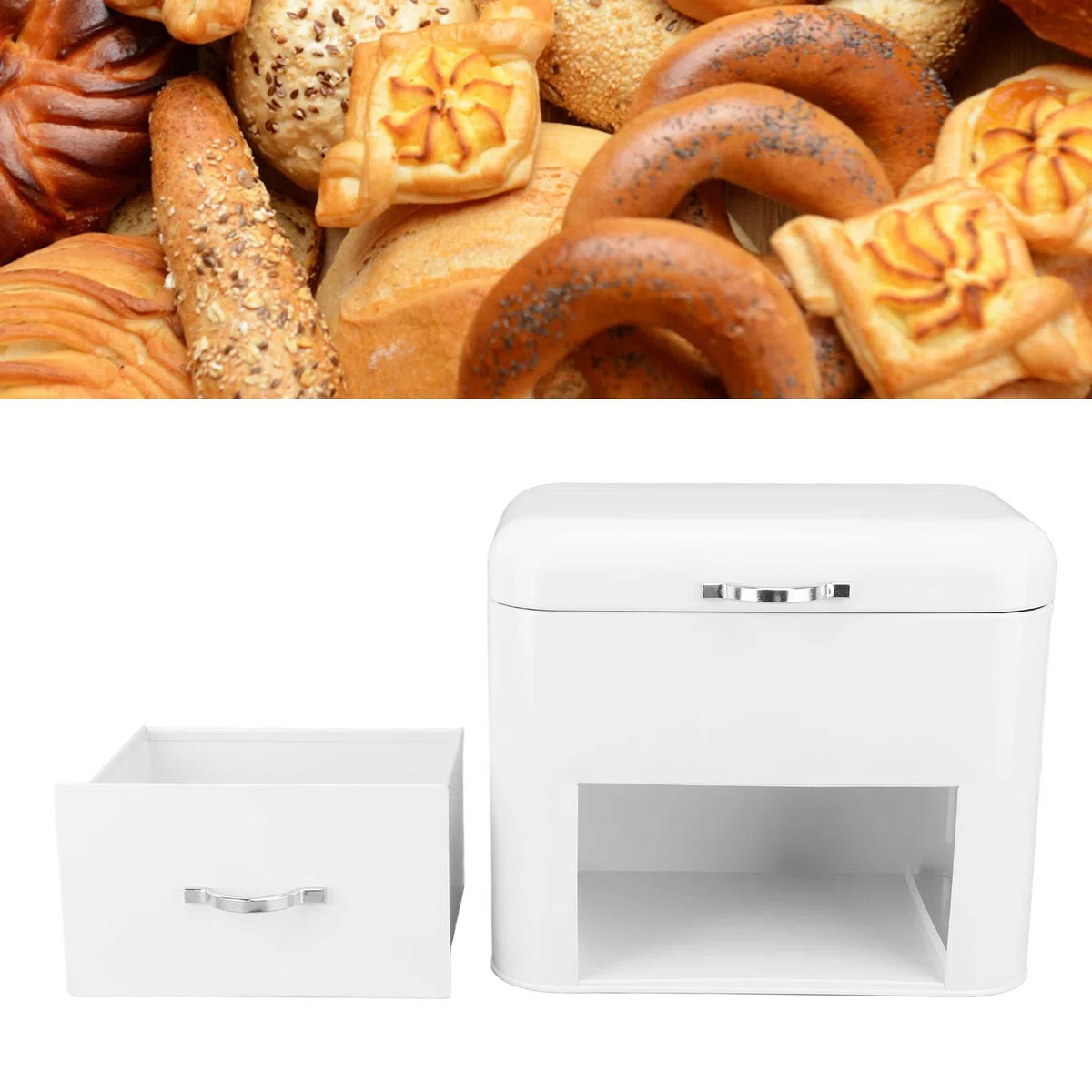 Caja de Pan de Hierro Grande con 2 Estantes, Almacenamiento Extra Grande para Pan y Productos Horneados, Blanco Lechoso