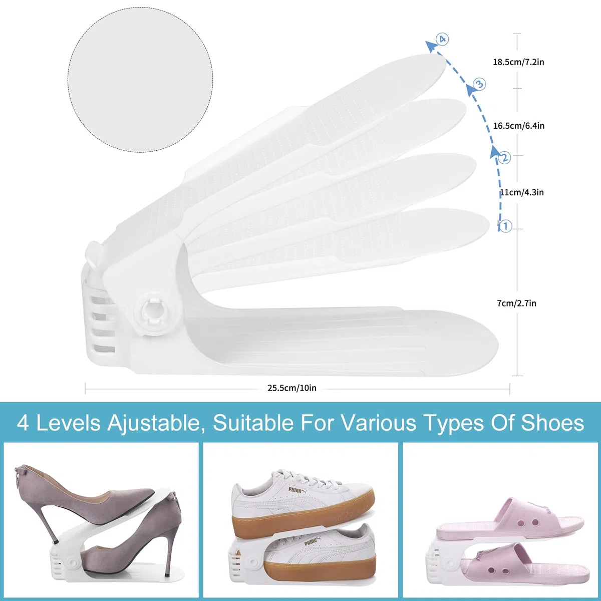 Organizadores de Zapatos, 20Pcs Soporte de Calzado de Altura Ajustable para Zapatos para Organización de Armario, Adecuada para Mujeres y Hombres, Ahorra Espacio (Blanco)