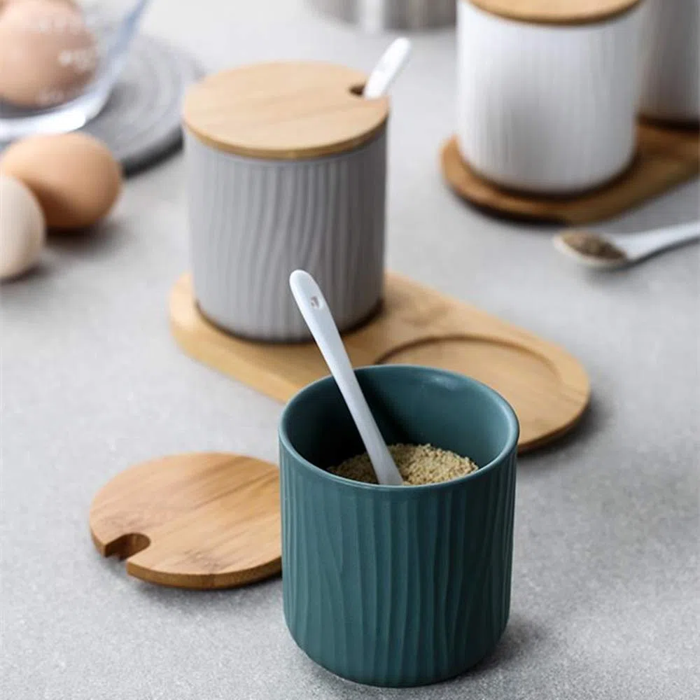 Juego de 3 Tres Colores Azucarero, azucarero de cerámica azúcar Pot con Tapa de bambú y Cuchara, Cocina