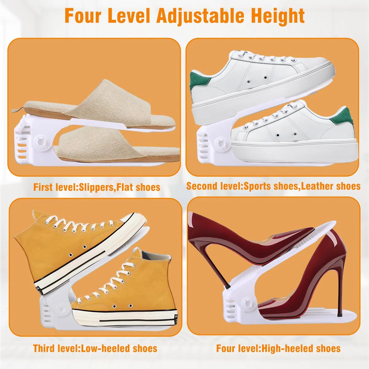 Juego de 10 Organizadores Zapatos Niveles 4 Alturas Ajustable,Organizador Zapatero Plástico,Soporte Calzado Ahorra Espacio para Mujeres,Hombres,Organización Zapateros Nivel Doble para Armario (Blanco)