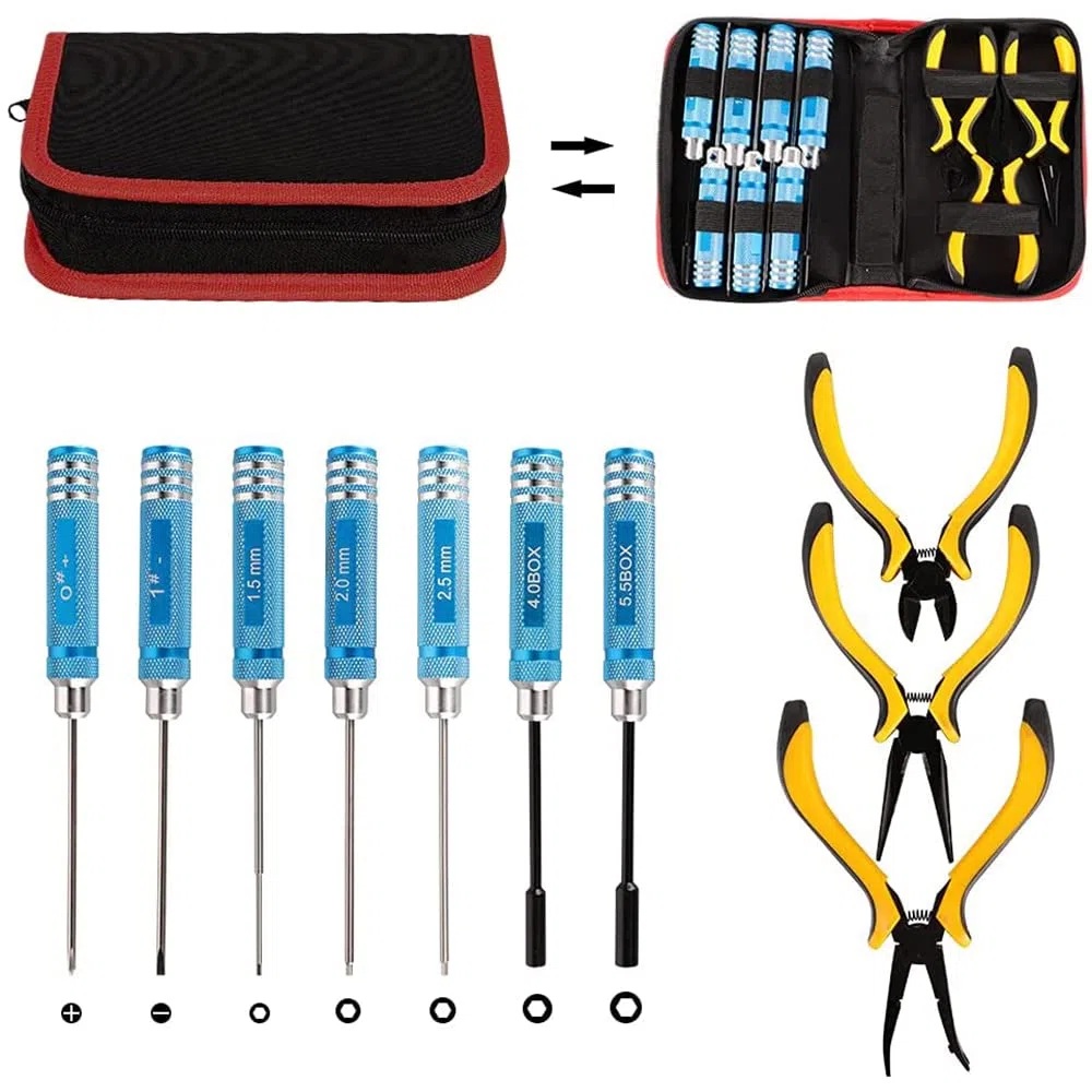 Juego de herramientas RC 10 en 1 de acero inoxidable, alicates de destornillador de manga hexagonal, kits de reparación de zócalos para coches RC, barco, cuadricóptero, helicóptero, modelos
