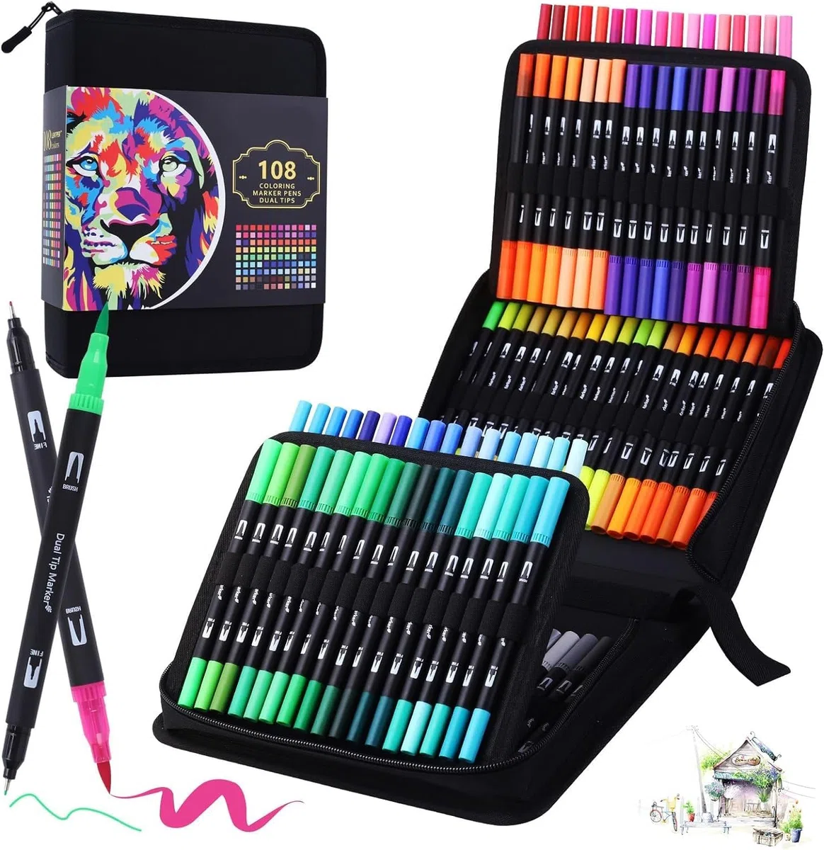 Rotuladores Lettering 108 Colores, Punta Pincel, Doble Punta Fina, Kit para Adultos, Mandalas, Graffiti, Caligrafía, Dibujar, Acuarelables Profesionales