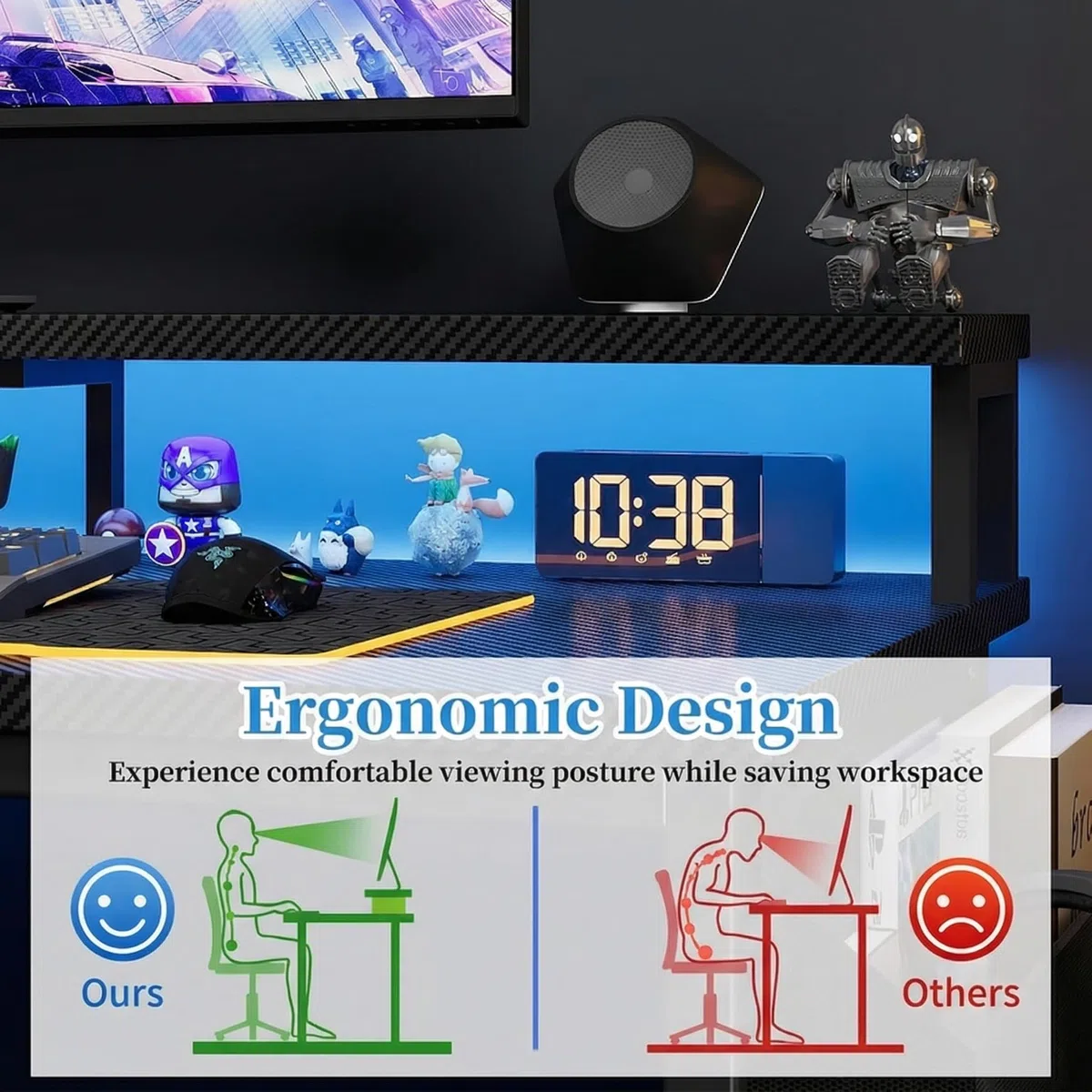 Grandder Escritorio Gaming en L con Luces LED y Enchufes, 100 cm, Negro | Mesa Gaming de Fibra de Carbono con 2 Estantes, Soporte para Monitor, Hogar y Oficina