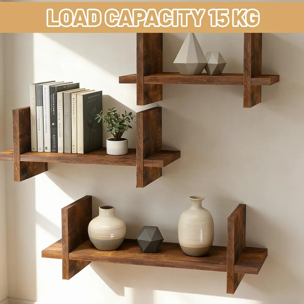 Juego de 3 estanterías de pared de madera, de madera maciza, estantería flotante en diseño industrial, estantes colgantes para fotos, libros y decoración, para salón, dormitorio, cocina