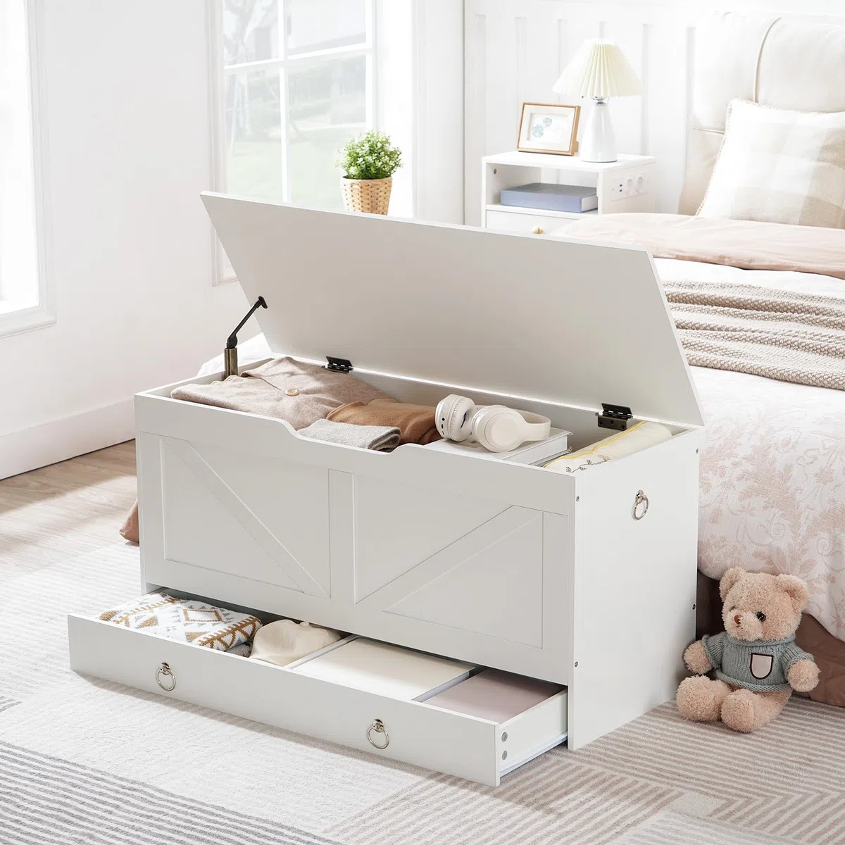 HOOBRO Taburete de Almacenamiento y Banco para Zapatos, 100 cm, Cajón, Carga 100 kg, Bisagras de Seguridad, Apertura U, Blanco EWT710CW01G1