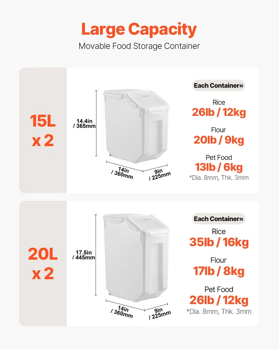 VEVOR Contenedor de Almacenamiento de Arroz, 15 L x 2 + 20 L x 2, para Cereales y Granos para Ingredientes de Cocina, para Mascotas con Ruedas, 4 Tazas Medidoras, 365 x 230 x 365 mm ± 10 mm, Blanco