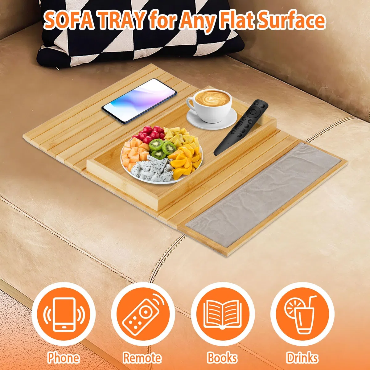 Bandeja para Sofá de Bambú Organizador de Reposabrazos Plegable con Bolsillo Lateral, Organizador de Mandos para Bebidas y Aperitivos, Posavasos para Reposabrazos -Base Antideslizante