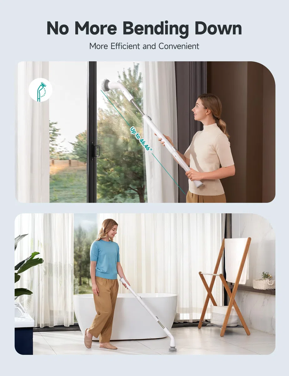 HiCOZY Cepillo Limpieza Eléctrico HS1, Fregona Eléctrica con 4 Cabezales de Cepillo Reemplazables Mango Extensible Ajustable y Batería Recargable para Baño, Suelo, Azulejos, Cocina, Gris Oscuro