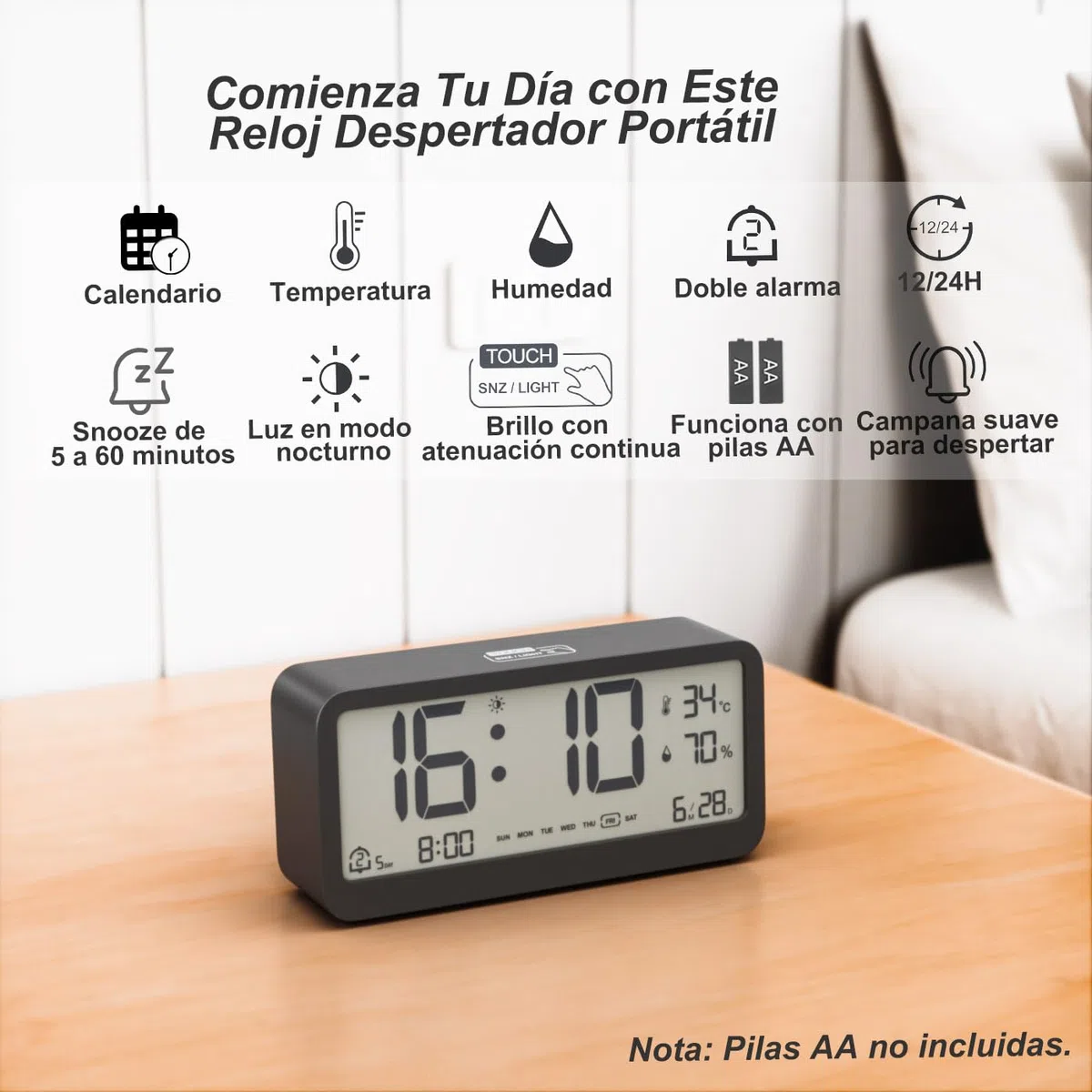Reloj Despertador Digital a Pilas con Calendario | Temperatura | Humedad | Pantalla LCD | Doble Alarma | Repetición y Retroiluminación Reloj Pequeño de Sobremesa (Negro)