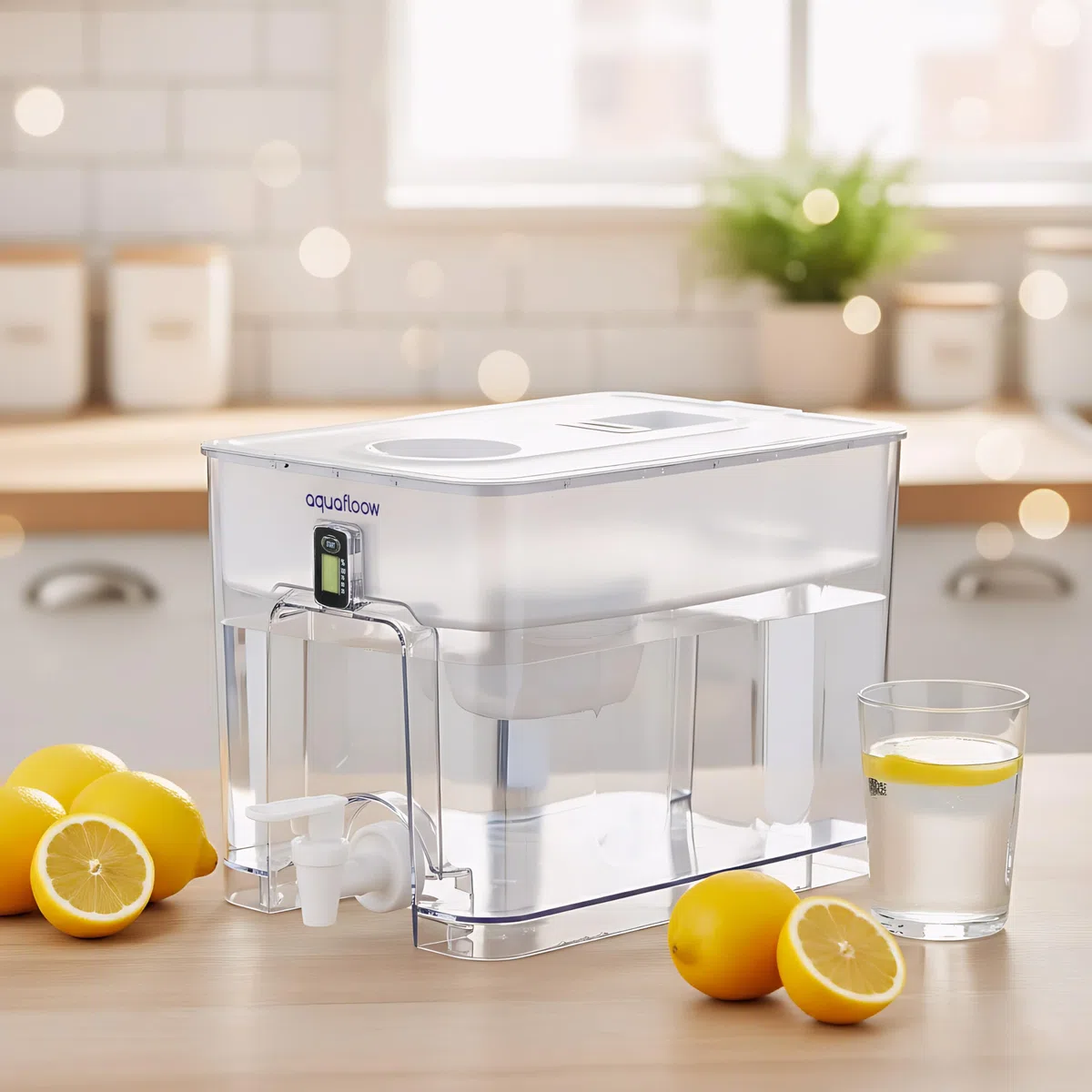 Aquafloow Jarra Filtrante 9,5L, Dispensador de Agua Todo en 1 con Grifo y Filtro, Reducción de Cal, Cloro, Plomo y Cobre en el Agua Potable – Solución Ecológica y Práctica