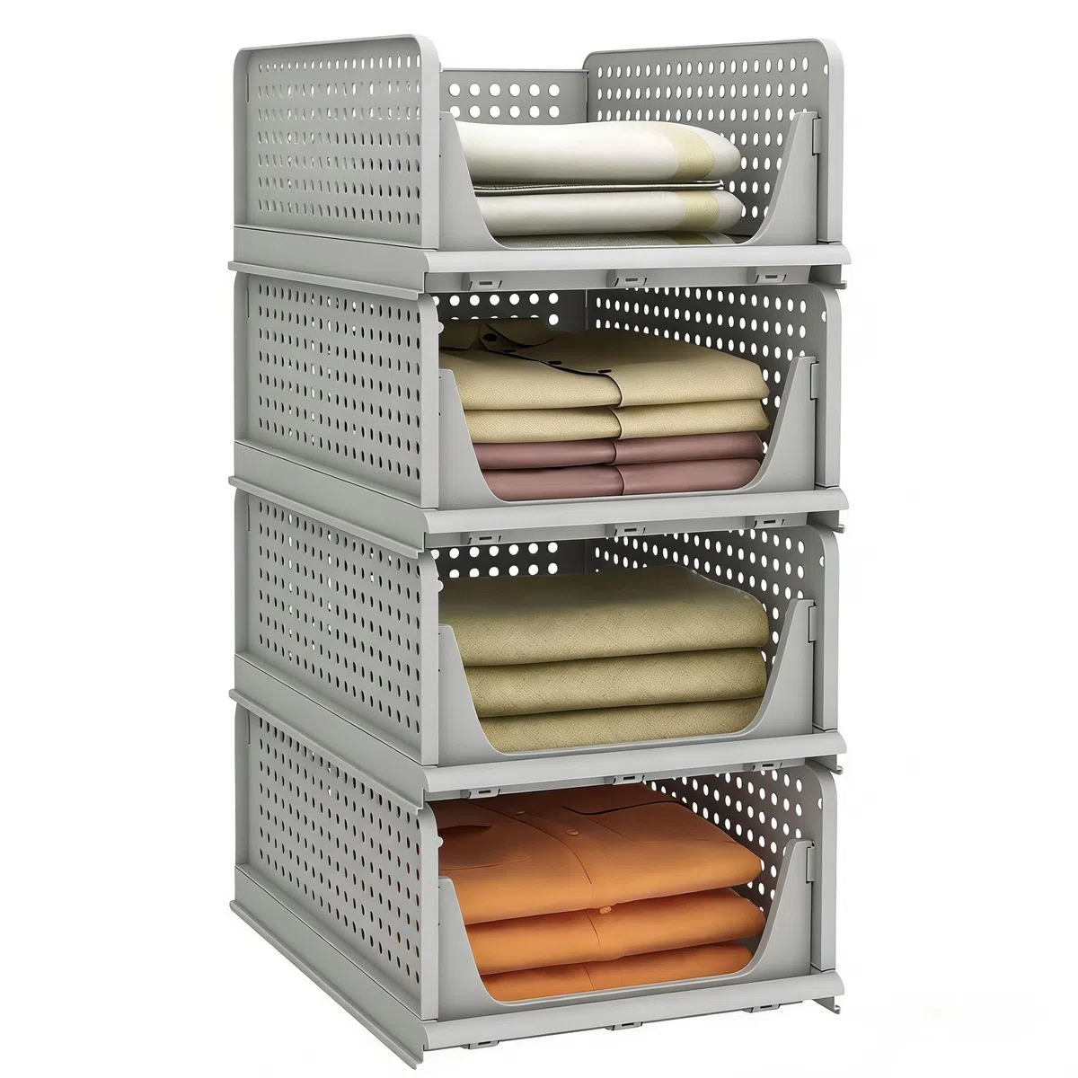 4 Pcs Organizador Armario, Cajones Extraibles Apilables y Plegables para Armarios, Cajas Almacenaje Ropa de Plastico,Separadores para Ropa Cocina Dormitorio Baño - 33 x 43 x 18 cm, Gris Oscuro