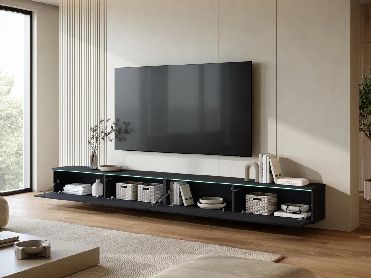 Mueble TV Salon de 4 Puertas con LED - Largo de 300 cm - Mueble Television en Estilo Moderno - Mesa TV para Salón, Comedor, Dormitorio - Mesa de Televisión Salón