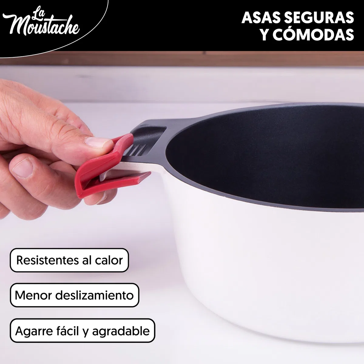 La Moustache - Cacerola Alta 24 cm, Aluminio Fundido con Antiadherente y Antirayaduras para Todas las Cocinas, Incluida Inducción, Sin PFOA, Tapa de Cristal, Asas de Silicona Ergonómicas (Blanco)