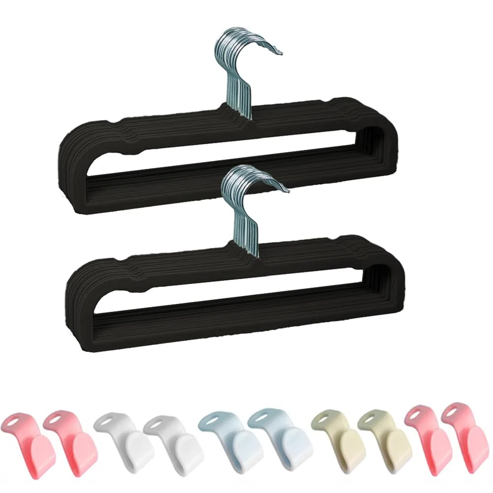 Percha de terciopelo para pantalones, ahorro de espacio, paquete de 20 perchas antideslizantes de fieltro para pantalones cortos, con 10 ganchos de conexión para ropa, organizador de armario, colgador