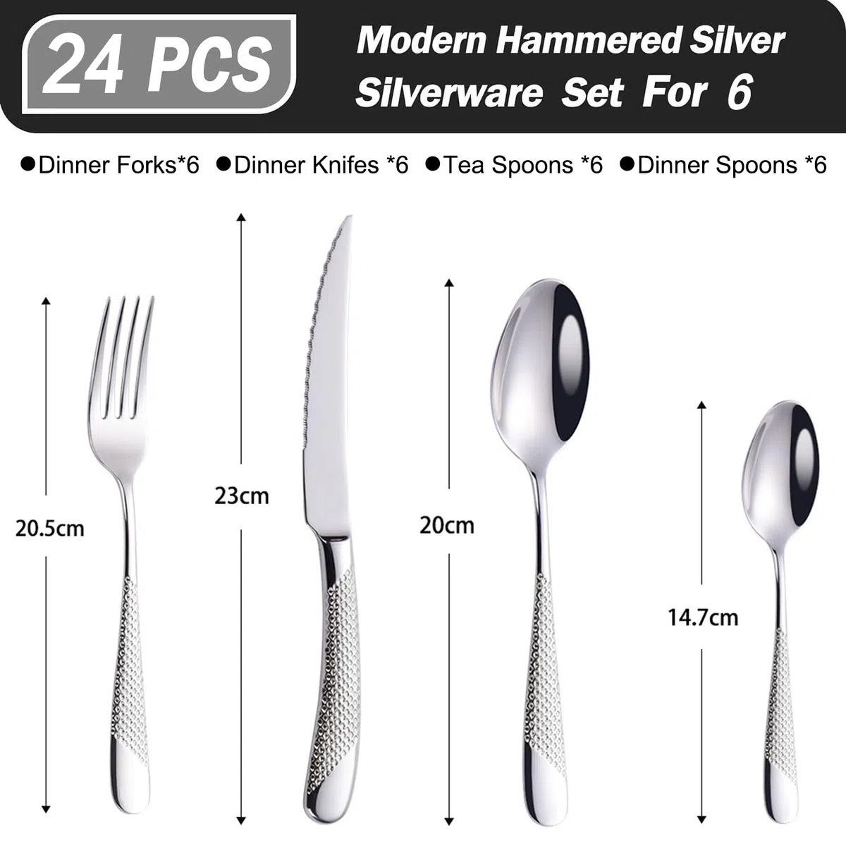 VIQWYIC Juego de cubiertos de 24 piezas, cubiertos martillados, cuchillo de acero inoxidable, tenedor, cuchara, juego de cubiertos para 6 personas, modernos cubiertos de plata para