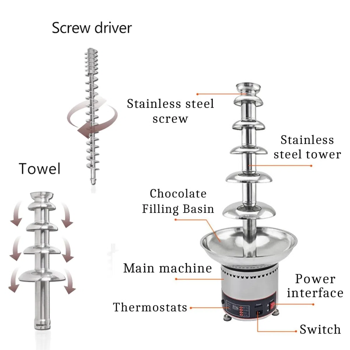 Fuente De Chocolate Profesional, Torre De Fondue De Chocolate Caliente Comercial 4/5/6 Niveles En Acero Inoxidable para Derretir Y Calentar Nachos, Queso, Licores En Fiestas Y Bodas