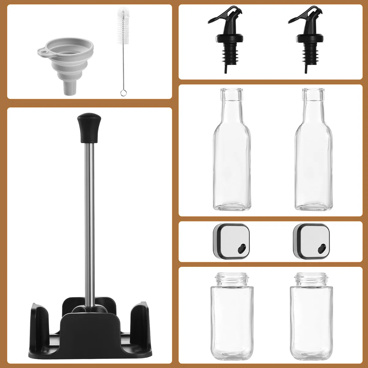 FRIBERG Set De Aceite Y Vinagre, Set De Sal Y Pimienta, Vinagreras Y Aceiteras De Mesa Con Soporte，2 Botellas De Aceitera Y Vinagre De 200 Ml, 2 Tarros De Condimento De 120 Ml Con Tapas